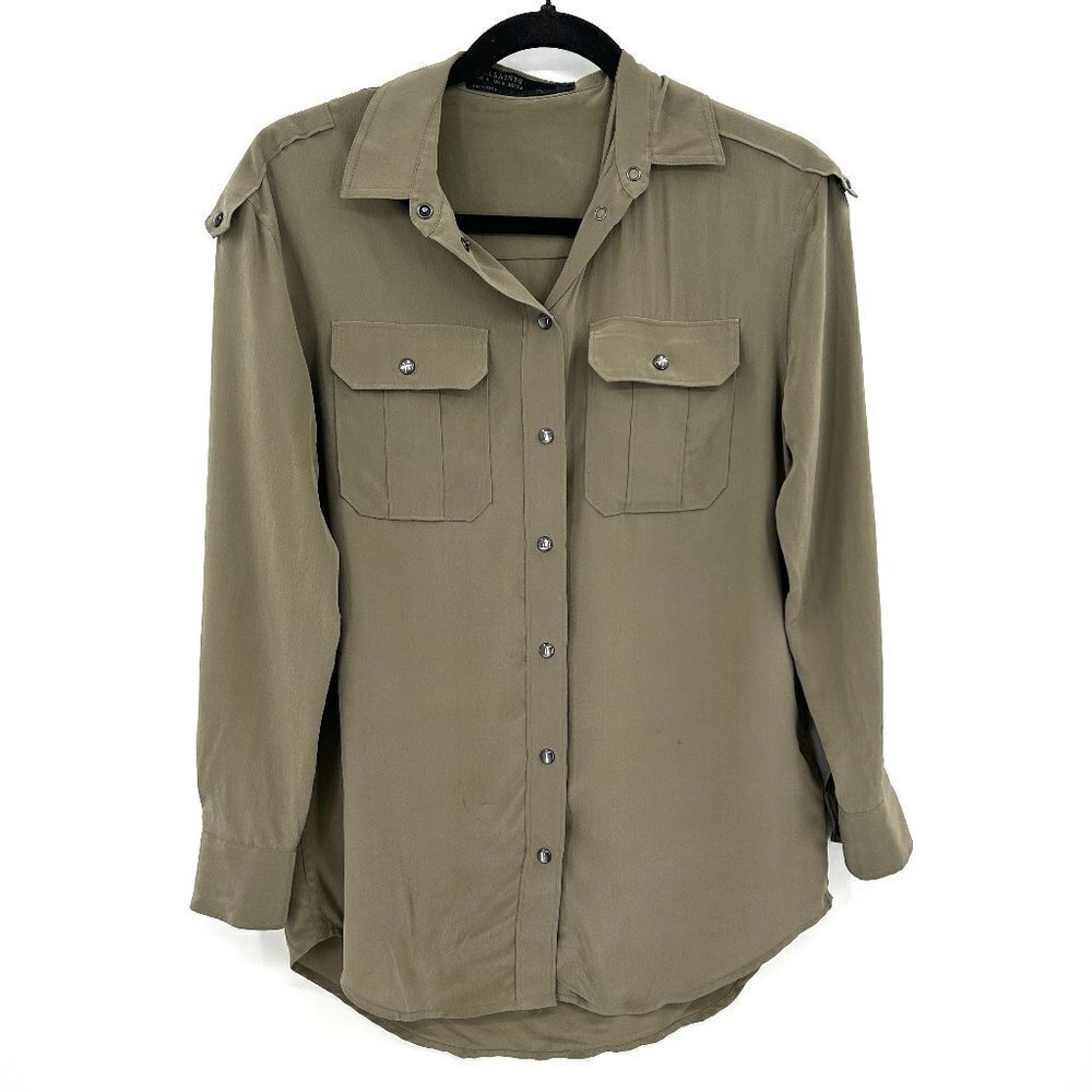 ALL SAINTS 100% Silk Army Green Pearl Snap Button Up Lightweight Blouse Size 0